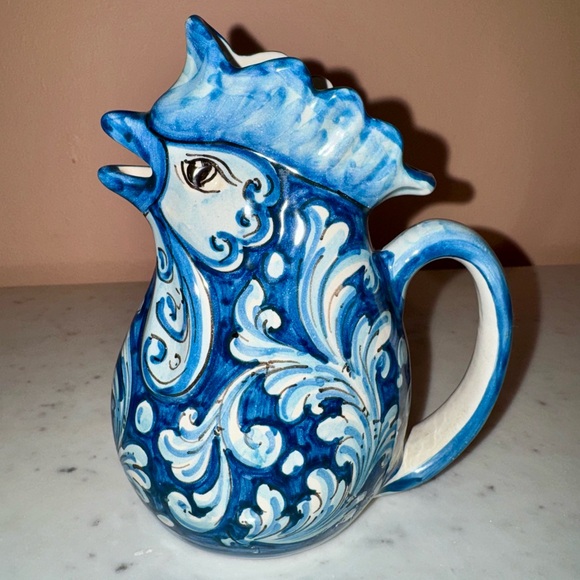 Caltagirone Traditional Ceramic Rooster Jug in Blue and White Scrolled Design - Picture 2 of 10
